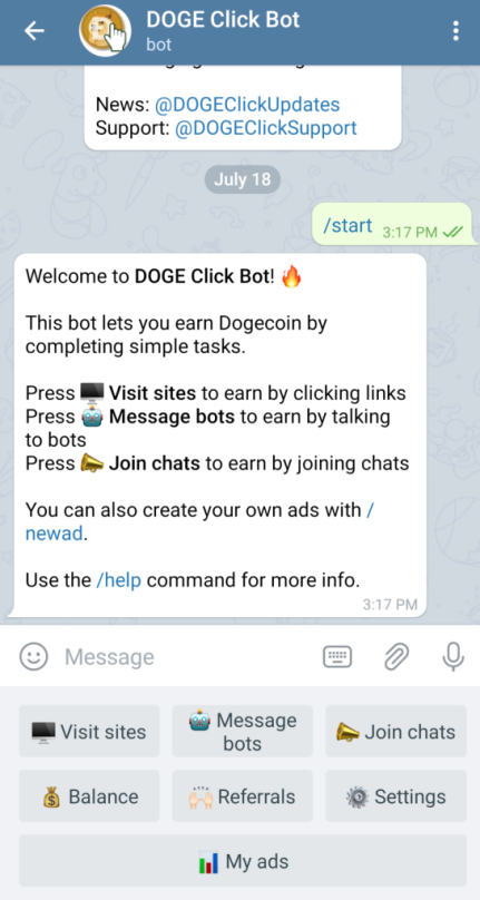 Telegram Doge clickbot welcome page