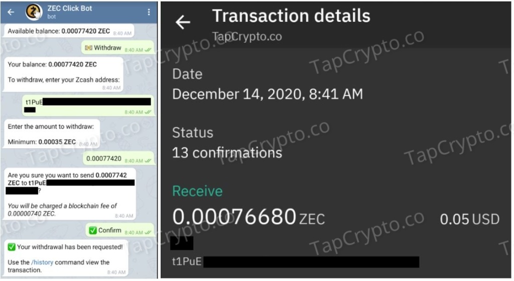 Telegramt Zcash Clickbot Payment Proof 12-14-2020