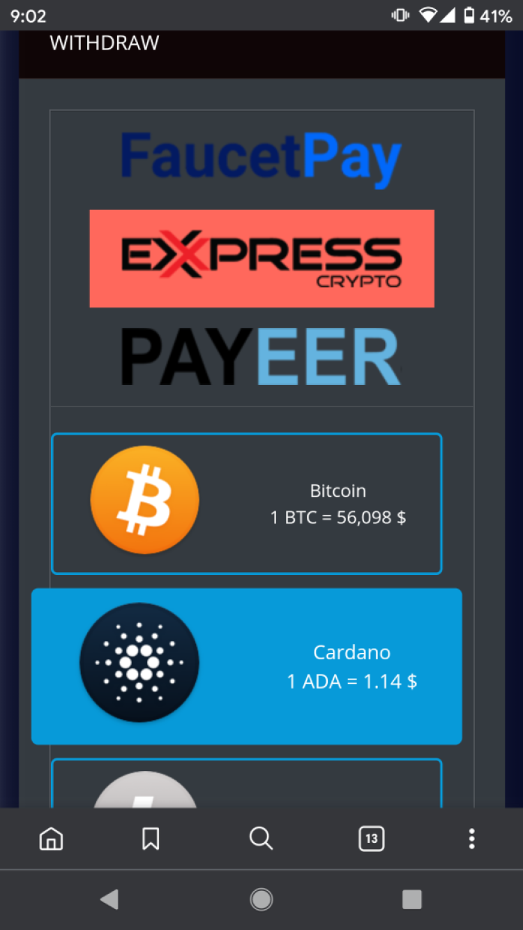 Withdrawing Cardano on CoinPayz to ExpressCrypto