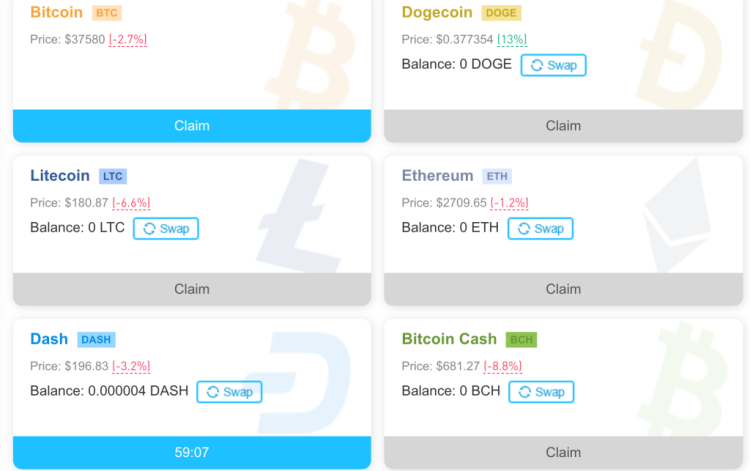 Hourly faucet claim page for Bitcoin, Dogecoin, Litecoin, Ethereum, Dash, Bitcoin Cash, and Tron