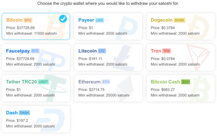 Withdrawal Page for 7 cryptocurrencies direct to your wallet, FaucetPay or Payeer
