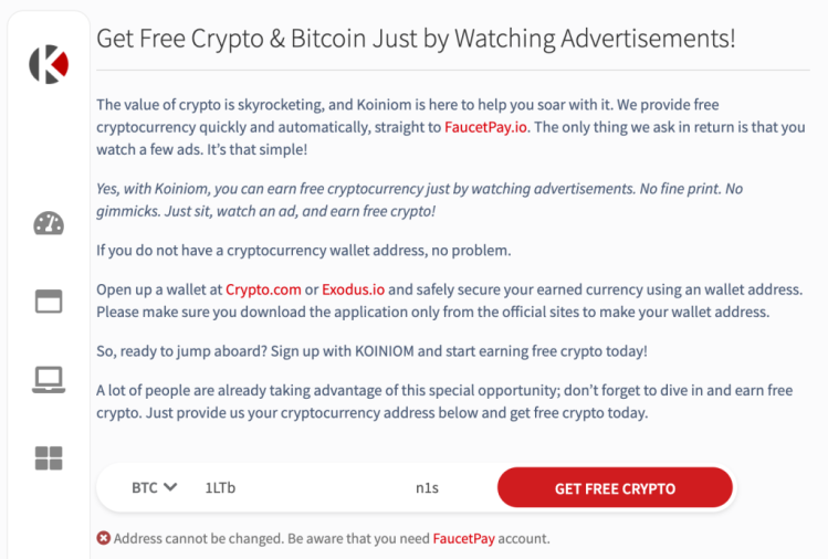 Koiniom Free Crypto Faucet Homepage