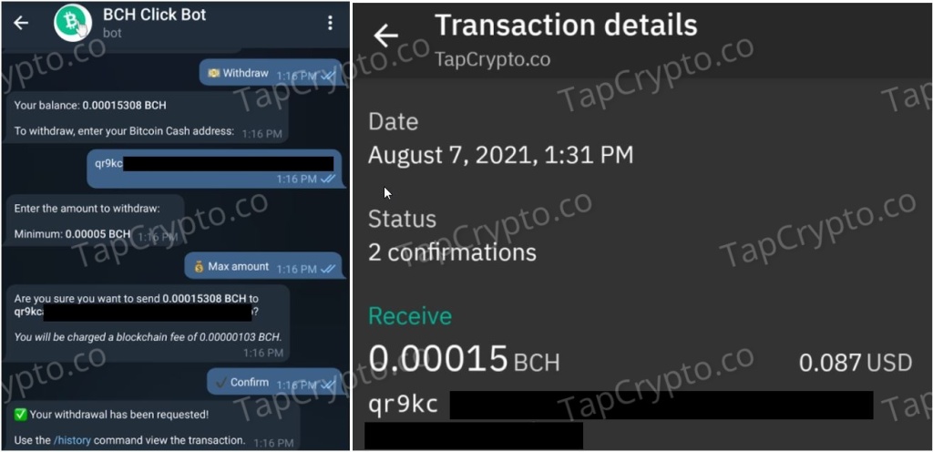 Bitcoin Cash (BCH) Telegram click bot crypto faucet payment proof 8-7-2021
