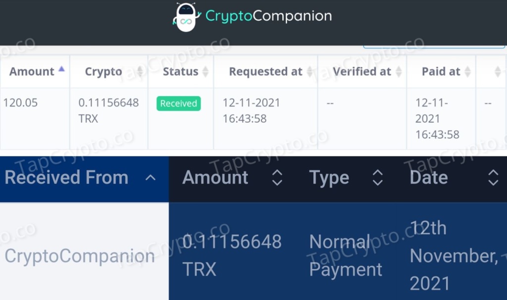 CryptoCompanion Crypto Faucet Tron Payment Proof 11-12-2021