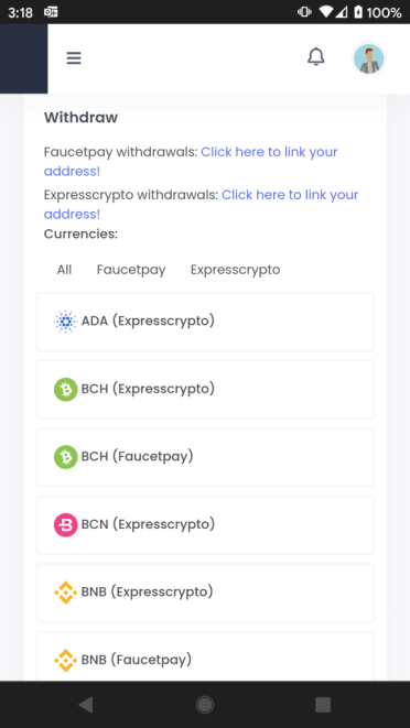 Faucetoshi Withdrawals on the Main Dashboard directly to FaucetPay and ExpressCrypto