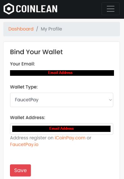 Coinlean.com wallet set up page.