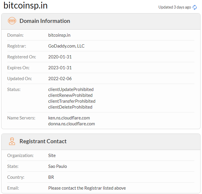 Whois lookup for Bitcoinsp.in scam faucet