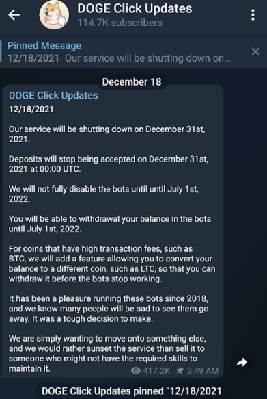 Dogeclick shutdown notice