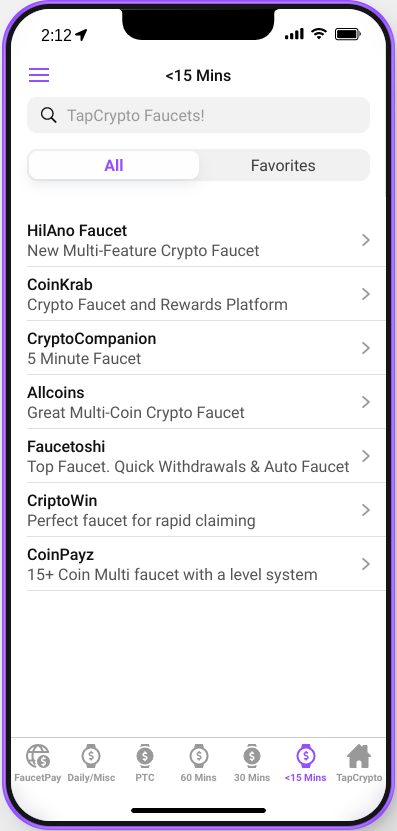 TapCrypto Mobile App Under 15 Minute Faucets Page