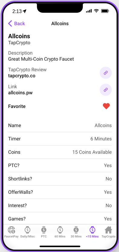TapCrypto Mobile App AllCoins Faucet Details