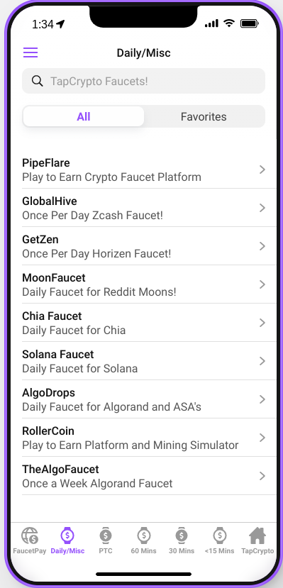 TapCrypto Mobile App Daily & Misc Faucets Page