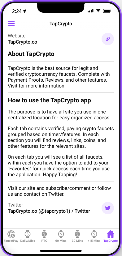 About Page of TapCrypto Mobile App