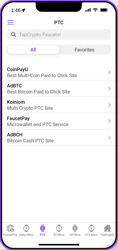 TapCrypto Mobile App PTC Faucets Page