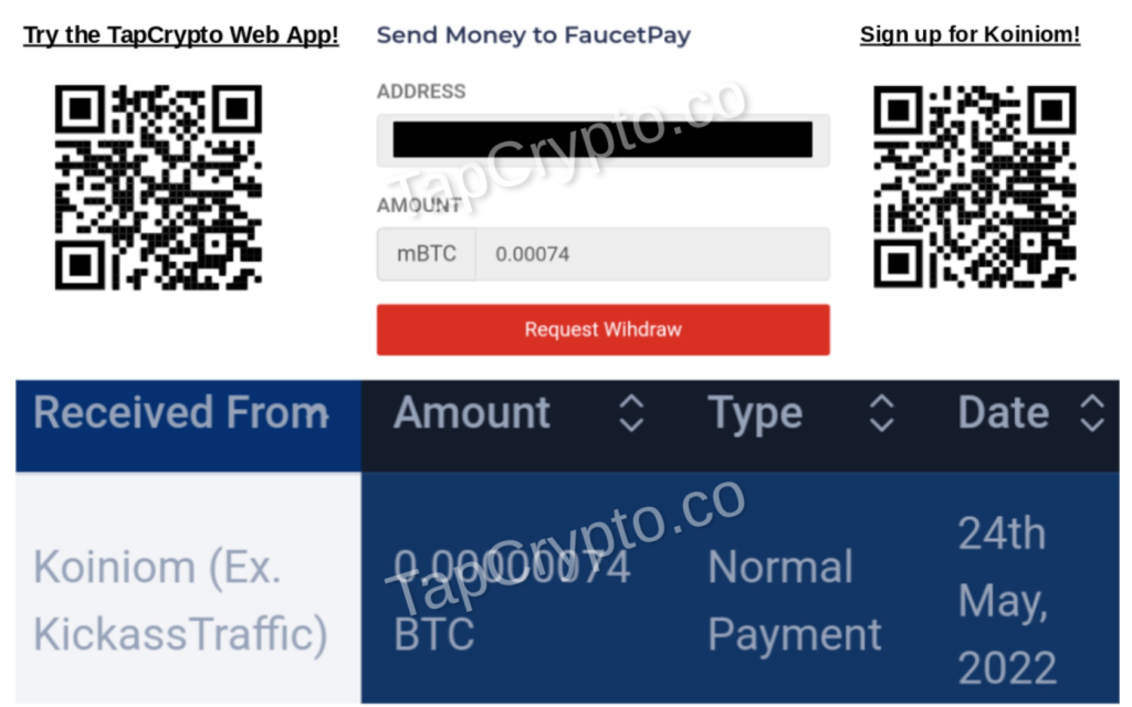 BTC payment proof from Koiniom.com on 5-24-2022