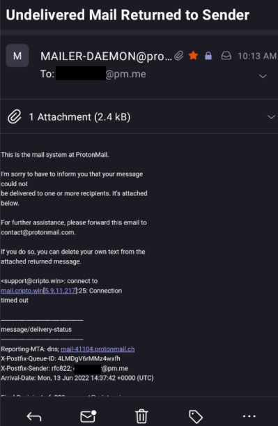CriptoWin Undeliverable Support Email
