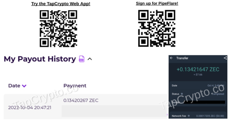 ZEC Payment Proof from PipeFlare on 10-4-2022